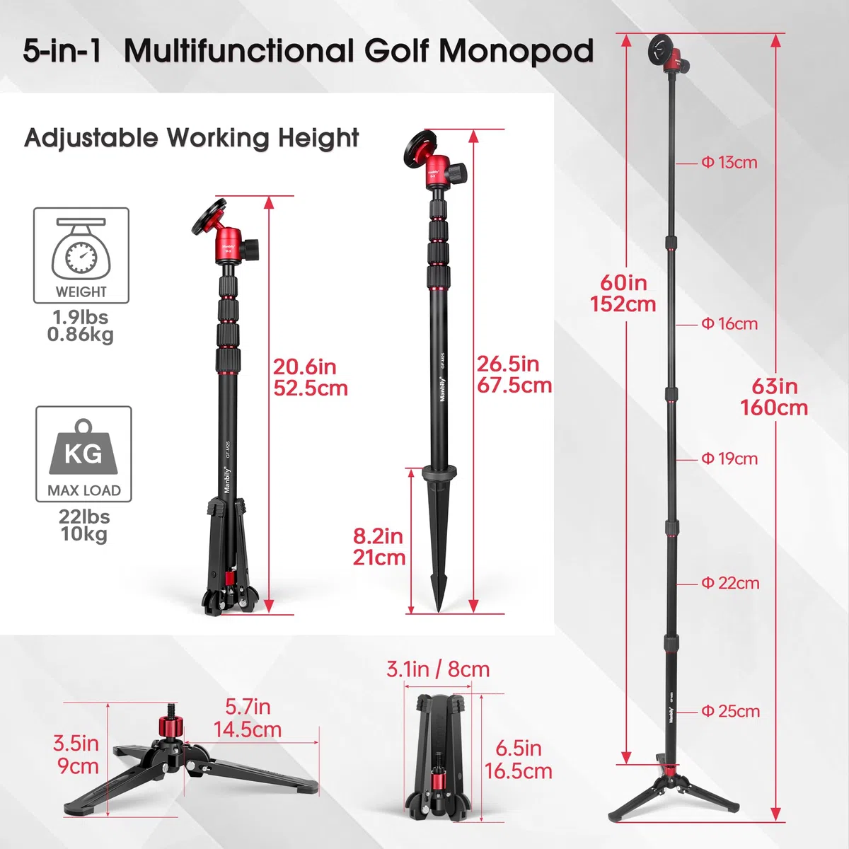 Manbily GF-M25 5-in-1 Golf-Einbeinstativ für Smartphones, Kameras, Einbeinstative, Magnetischer Telefonständer, Selfie-Stick mit langem Erdspieß, Stativ-Basishalterung Verlängerungsstange 1/4" 172cm