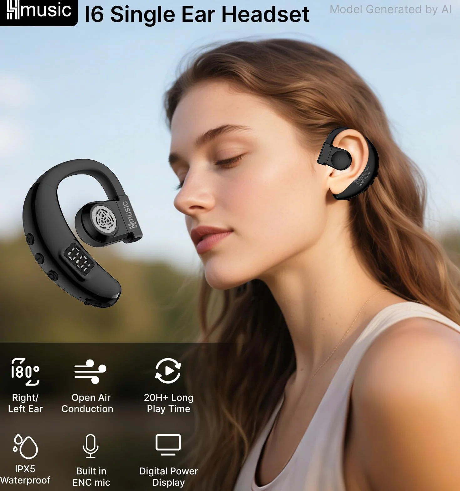 Hmusic Bluetooth Headset, V5.4 Wireless Bluetooth Earpiece, Both Left & Right Ear Wearing, USB C Fast Charging 20 Hrs Playing Time Earphone with ENC Mic for Driving, Truckers, Business, Office (Black)