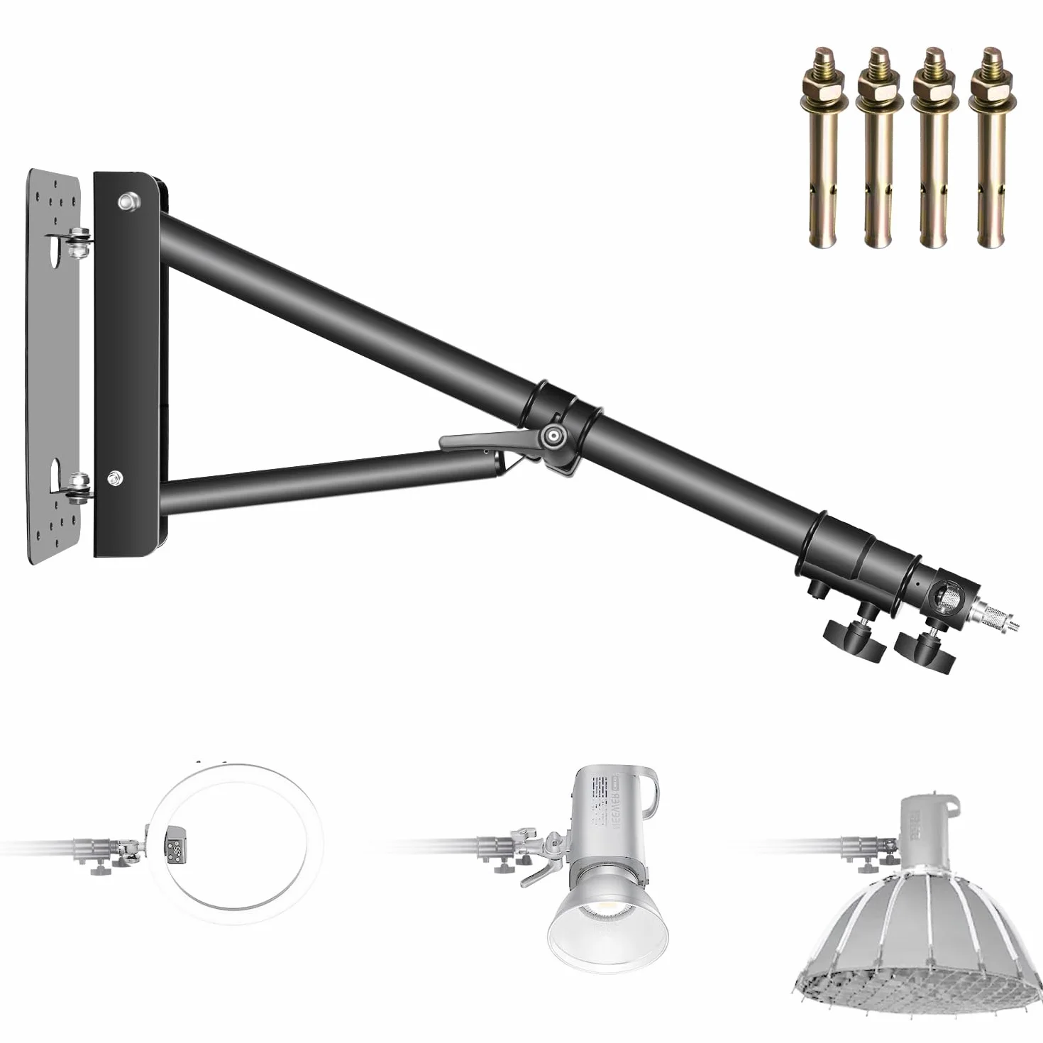 NEEWER Wandmontage Boom Arm mit Dreieck Basis für Fotografie Studio Video Stroboskop Licht Monolight Softbox Schirm Reflektor, 180 Grad Rotation, Max Länge 70,8 Zoll/180cm (Schwarz)