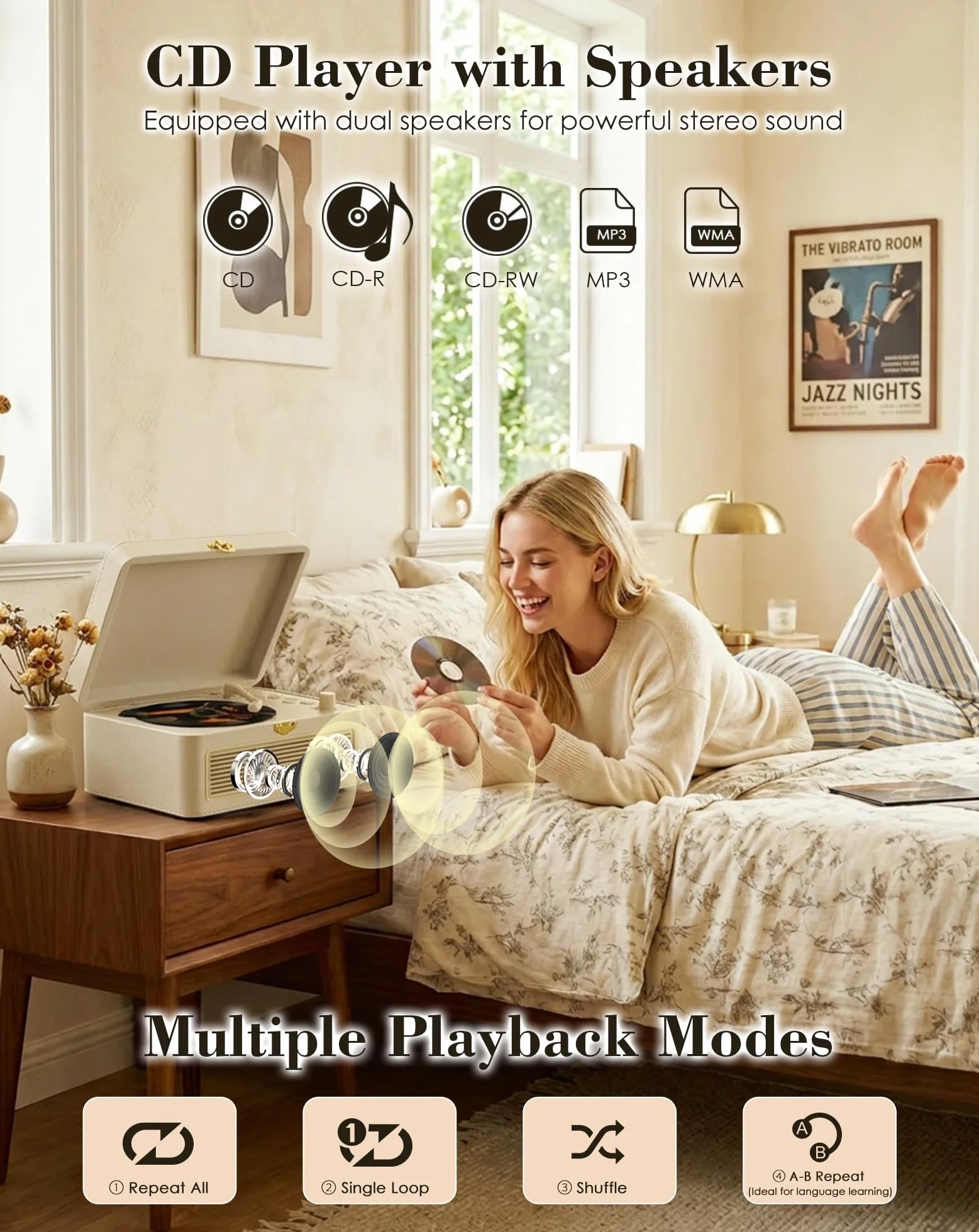 Tragbar CD Player Bluetooth Retro Radio mit CD-Player mit Lautsprecher Unterstützung USB & AUX-Wiedergabe mit Fernbedienung Staubschutzhülle Beigefarbenes PU-Leder Weiß