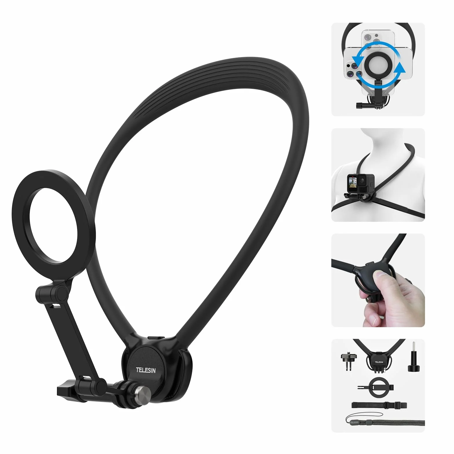 TELESIN SE 2.0 Hals Halterung Set, Magnetischer Telefonhalter für iPhone 17 16 15 14 Samsung Android, Flexible POV Necken Halterung für GoPro Hero DJI Osmo Insta360 mit Multi-Winkel-Filmen, Zubehör