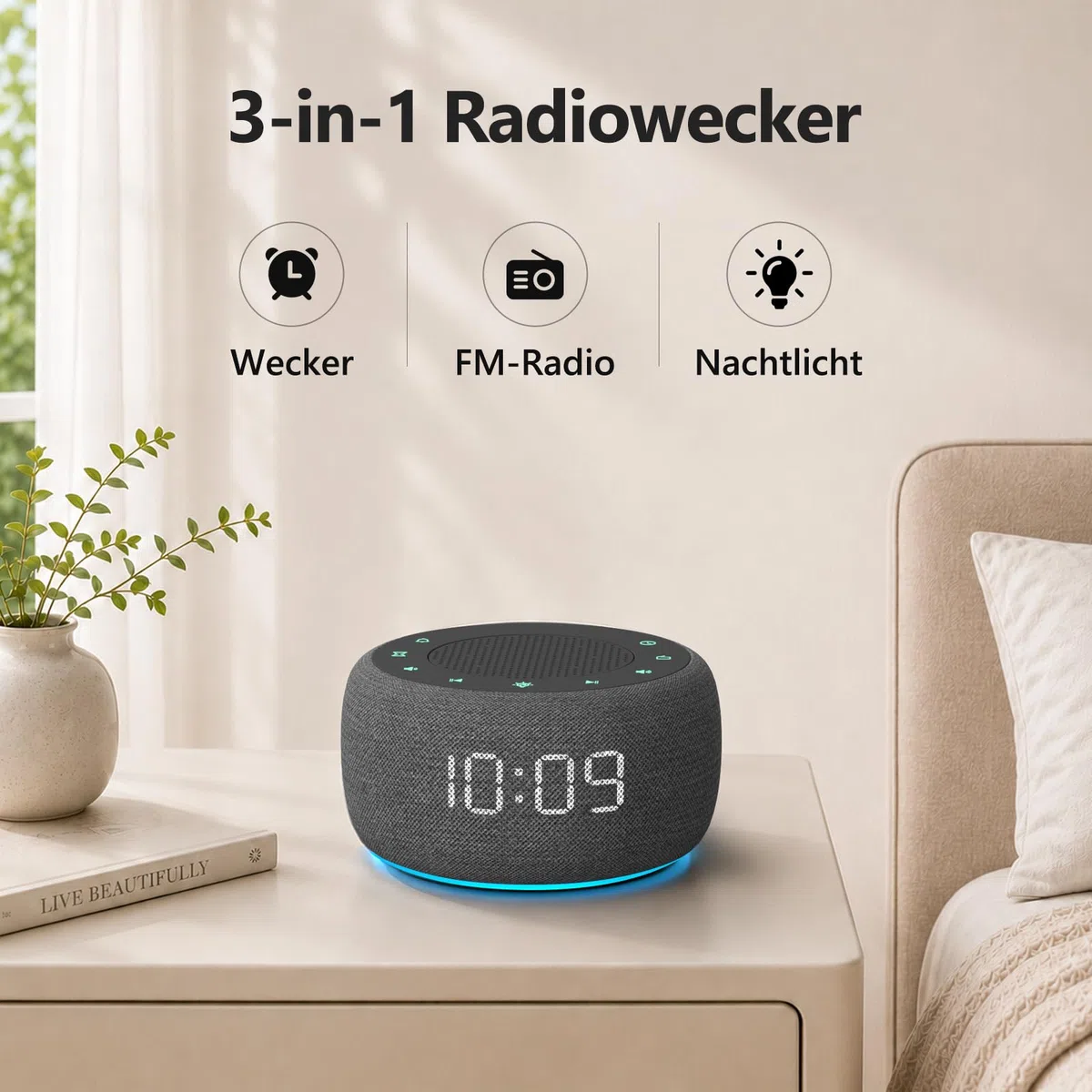 Buffbee Digitaler Radiowecker für das Schlafzimmer - 7-farbiges Nachtlicht, High-Fidelity-Klangqualität mit nach oben gerichtetem Lautsprecher, 4 Wecktöne, Full Range Display Dimmer für den Nachttisch