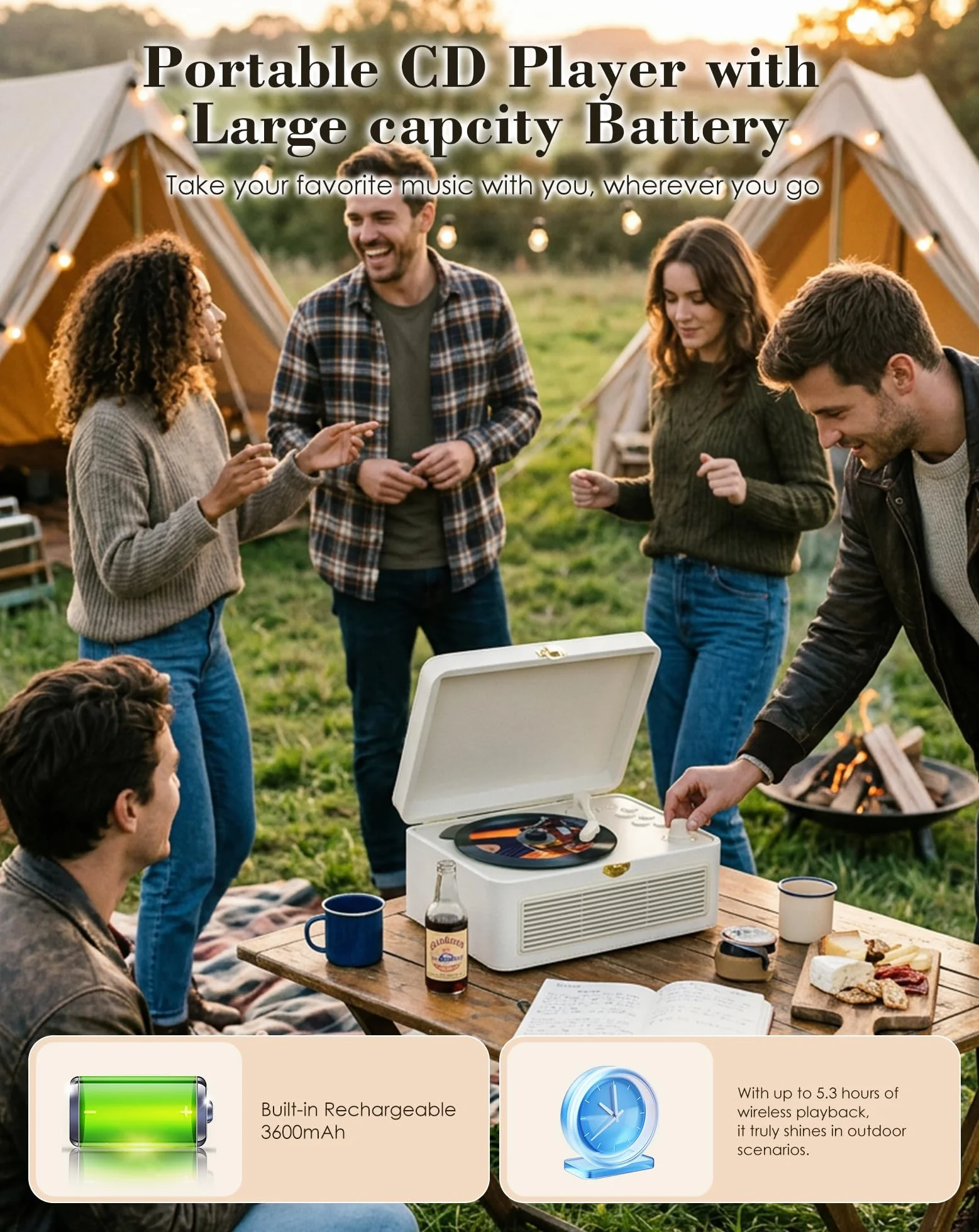 Tragbar CD Player Bluetooth Retro Radio mit CD-Player mit Lautsprecher Unterstützung USB & AUX-Wiedergabe mit Fernbedienung Staubschutzhülle Beigefarbenes PU-Leder Weiß