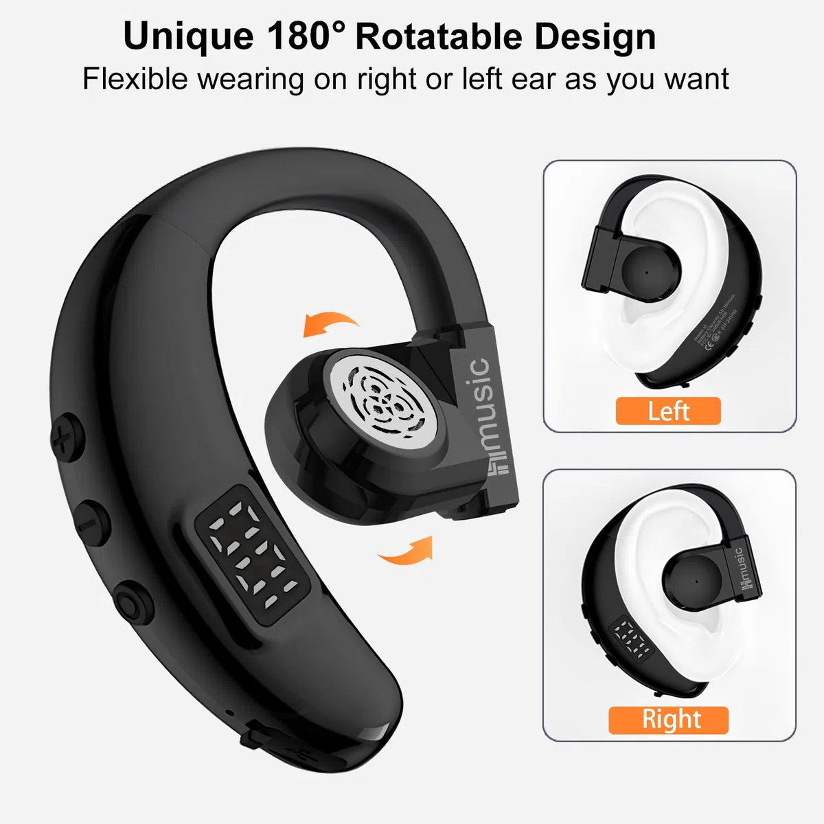 Hmusic Bluetooth Headset, V5.4 Wireless Bluetooth Earpiece, Both Left & Right Ear Wearing, USB C Fast Charging 20 Hrs Playing Time Earphone with ENC Mic for Driving, Truckers, Business, Office (Black)