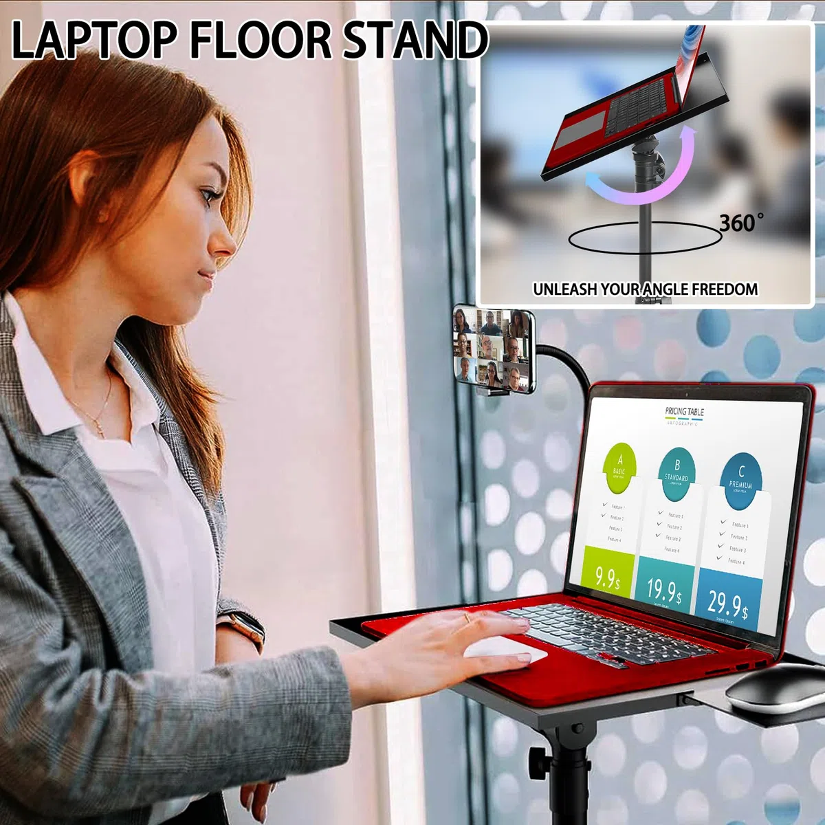 GlobalCrown Beamer Ständer Dreibein höhenverstellbar (66-160cm),Beamer stativ tragbarer Laptop-Bodenständer mit Mausablage & Telefonhalter,Stativ mit Rädern für Büro,Zuhause,Bühne,Podium,DJ Racks