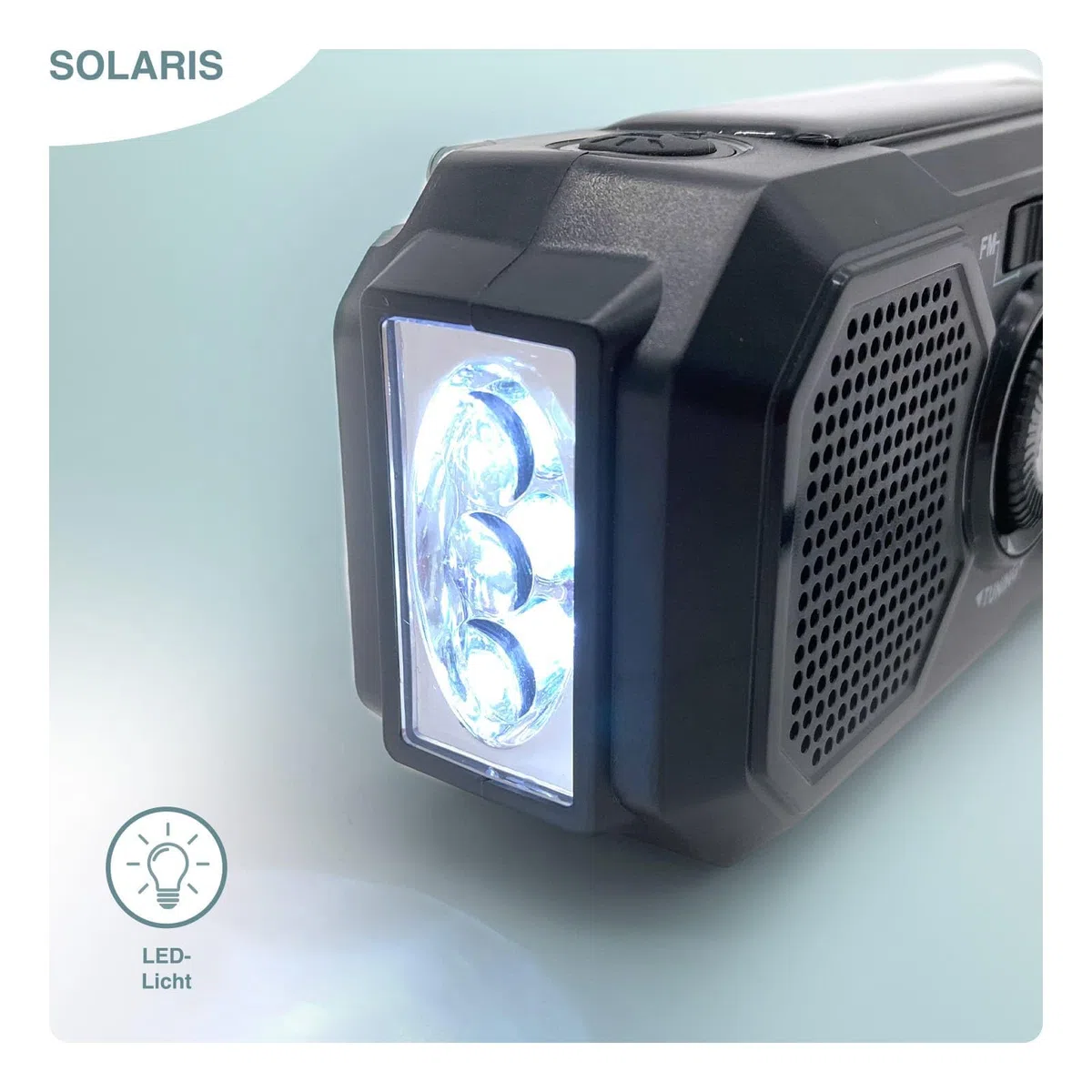 SOLARIS Tragbarer Kurbelradio mit integrierter Taschenlampe, Solarpanel und Handkurbel-Ladefunktion.