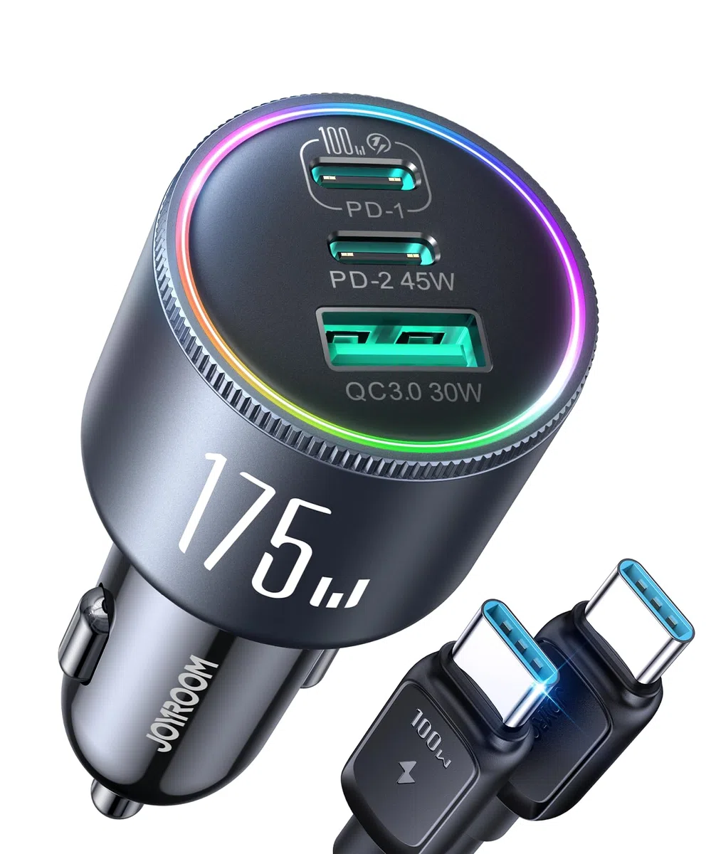 JOYROOM 175W 3-Port Zigarettenanzünder USB C mit 100W C-C Kabel, [3 GaN Chips] Auto Ladegerät Adapter, PD100W & QC3.0 Schnell Kfz Ladegerät für iPhone17/16/Samsung S26/Smartphone/iPad/MacBook/Laptop
