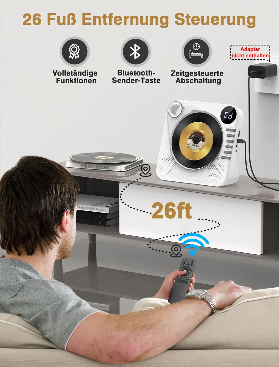 Greadio CD Player Tragbar mit Bluetooth 5.1, Kinder CD Spieler mit Lautsprecher, Fernbedienung, HiFi-Sound, Staubschutz, AUX/USB-Wiedergabe, Tragbarer cd Player für Zuhause (Weiß)