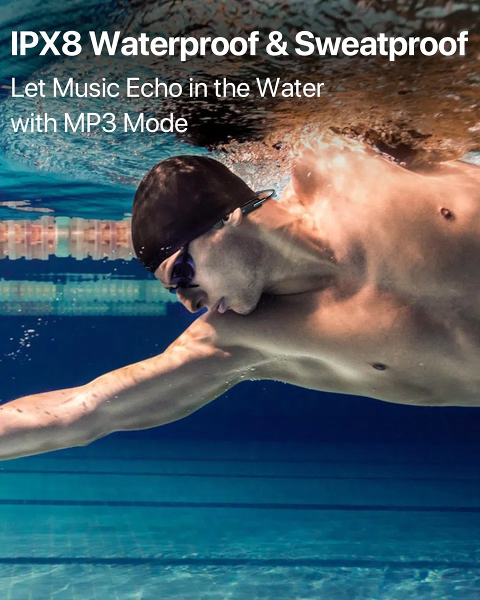 HIFI WALKER T10 Air Schwimmkopfhörer, IPX8 wasserdichte Knochenschall Kopfhörer mit 32GB MP3 Player, Open-Ear Bluetooth 5.3 Sportkopfhörer für Schwimmen und Training