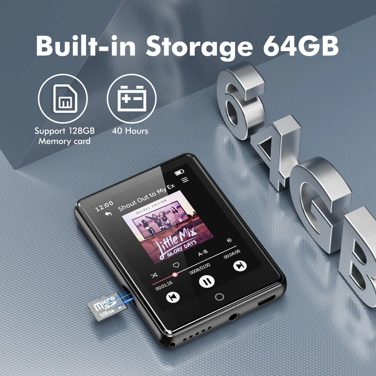 64GB MP3 Player Bluetooth 5.3, tragbarer Touchscreen Music mp3-Player für Kinder mit Lautsprecher, Sprachaufzeichnung, FM Radio, Schrittzähler, Zufallswiedergabe, 128GB Micro SD-Kartenunterstützung