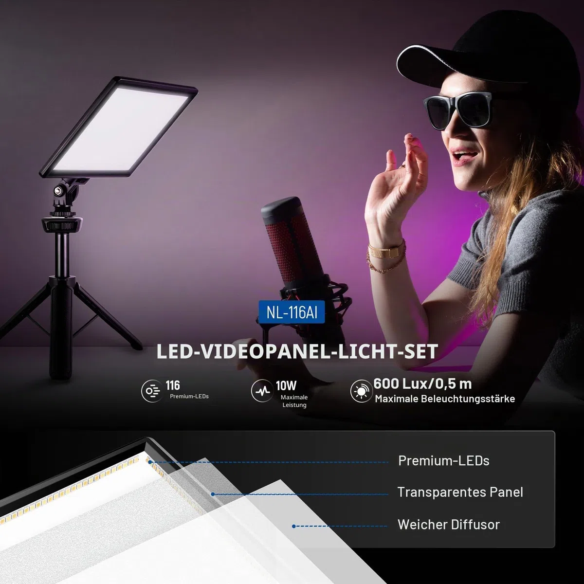 NEEWER 9" LED Videolicht Panel dimmbares weiches Licht für DSLR Kamera mit Mini Stativ 4000mAh Akku USB Type C Anschlüsse 3200K~5600K CRI95+ 600Lux Fotografie Videoaufzeichnung Live Streaming NL-116AI