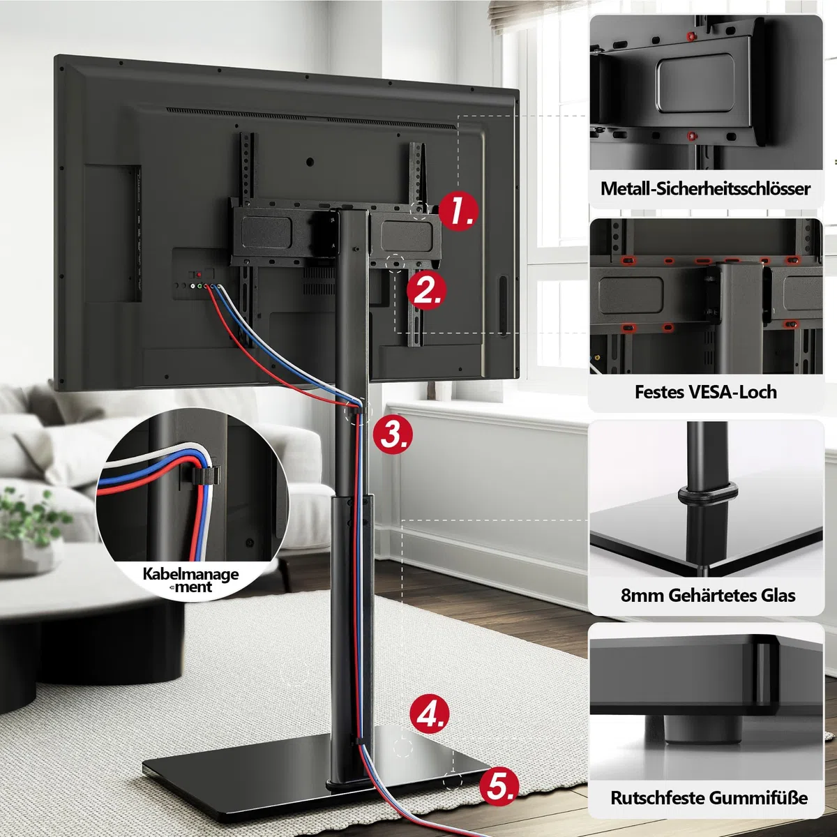 AOKCOS TV Ständer Bodenständer Höhe 1350mm für 32-55 65 70 Zoll Fernseher, Neigbar & Schwenkbar & Höhenverstellbar Fernsehständer, Universal TV Standfüße Standfuss Max VESA 400x400mm 40KG (Schwarz)