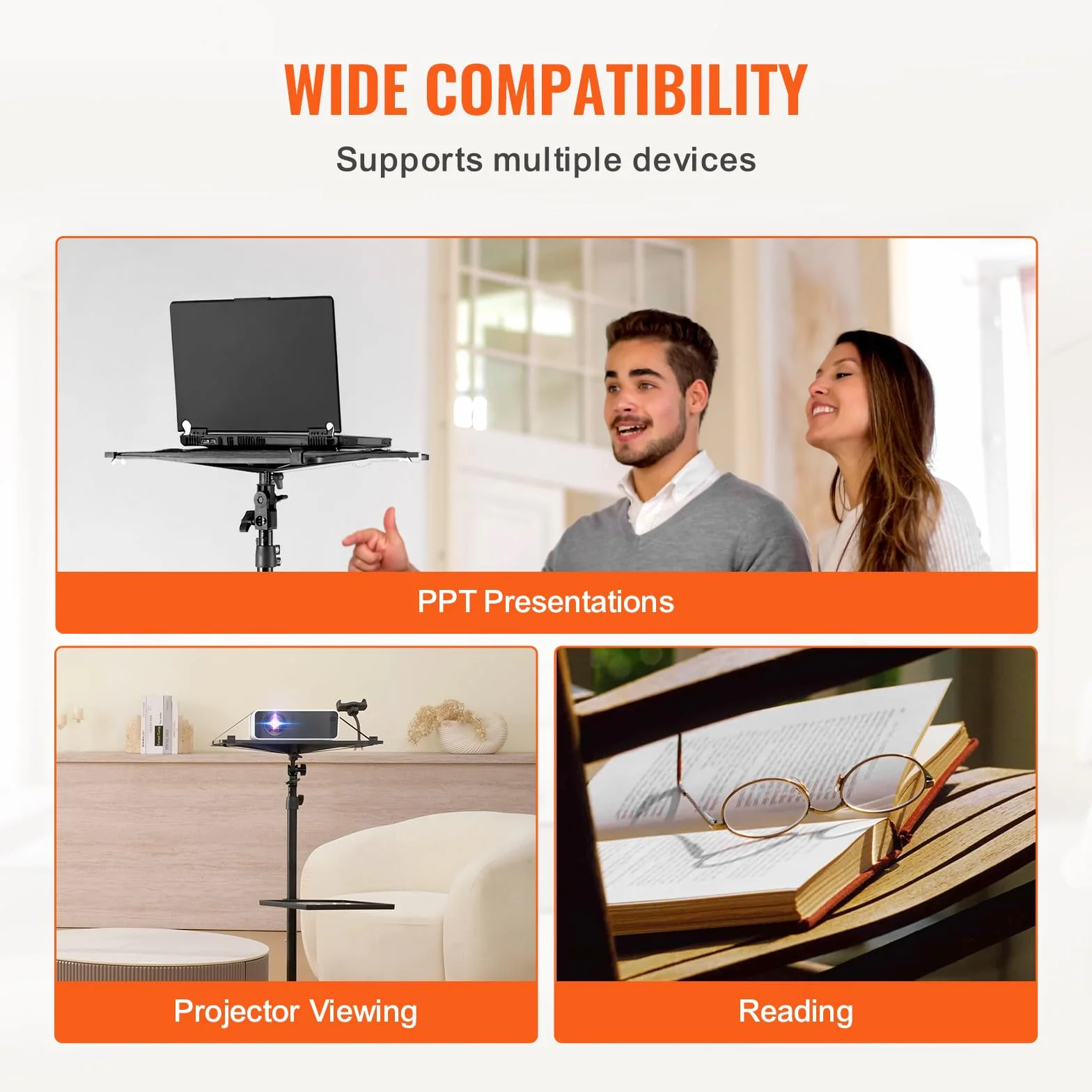 VEVOR Projektorständer mit Rädern Laptopständer-Stativ, höhenverstellbar von 795 bis 1710 mm, Projektor-Stativständer mit 2 Ablagen & Schwanenhals-Telefonhalterung, im Freien/Büro/Studio, zu Hause
