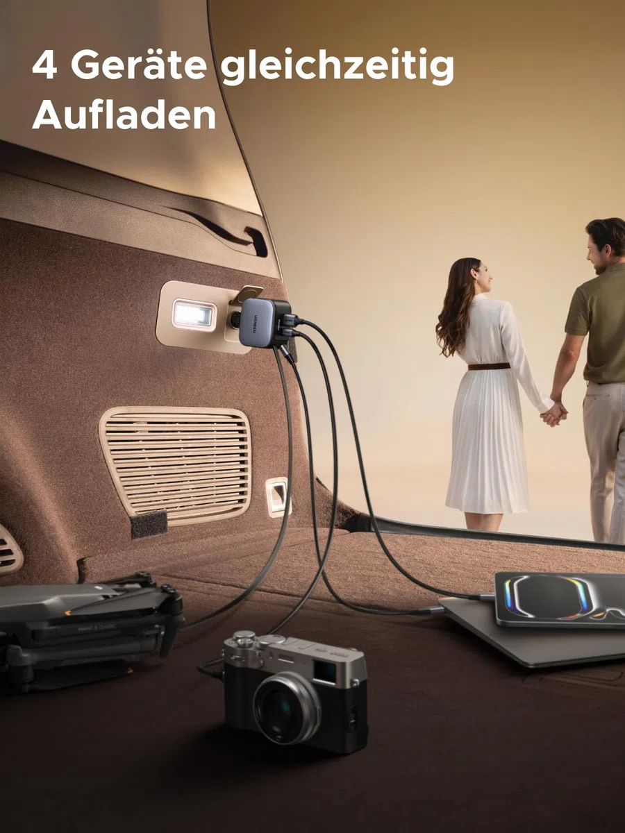 UGREEN Nexode 145W Zigarettenanzünder, 100W USB C Schnellladen, Typ-C Auto Ladegerät, integriertes einziehbares Kabel 60W, 4 in 1 Auto zubehör, kfz 12v-24V für iPhone 17/MacBook/iPad/Galaxy S25/GPS