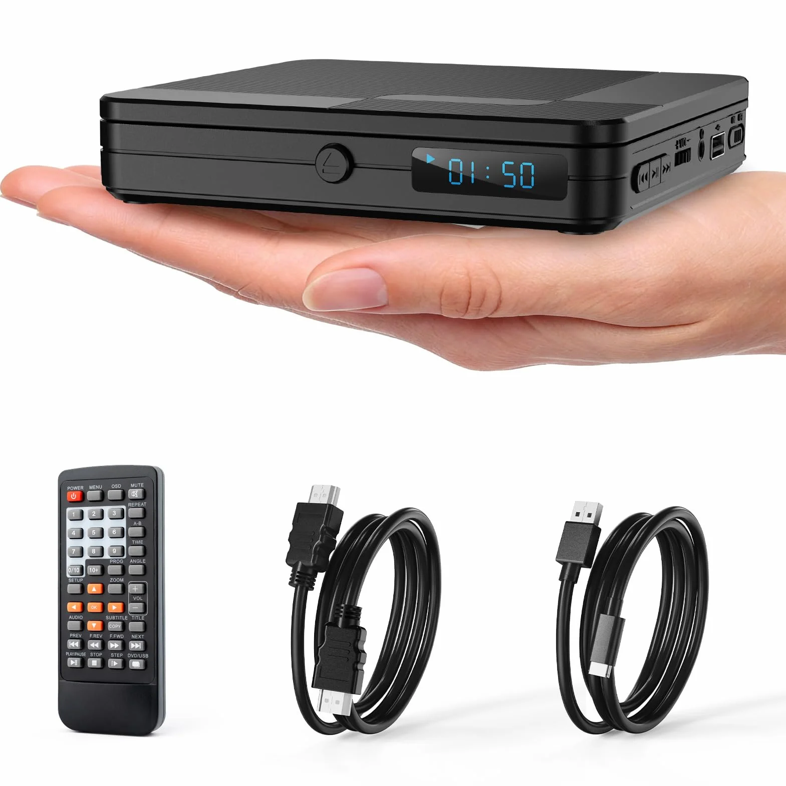 Mini-DVD-Player mit Fernbedienung – für alle Regionen frei 1080P HD kleiner kompakter CD-DVD-Player für Smart-TV und Projektor, mit HDMI-Ausgang, Kopfhöreranschluss, USB 2.0-Eingang, PAL