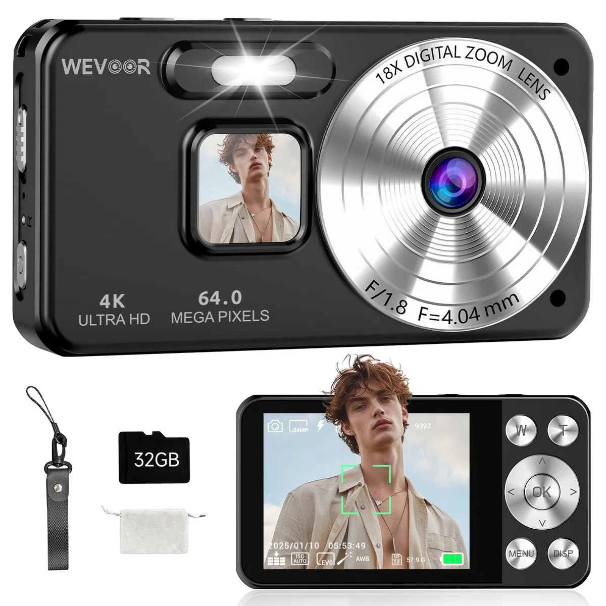 Digitalkamera 4K 64MP, Wevoor Digital Fotokamera 32GB mit Autofokus, 18x Digitalzoom Kamera, 2,8" Bildschirm, 2000mAh Kompaktkamera, Fotoapparat Digitalkamera für Anfänger Kinder Teenager - Schwarz