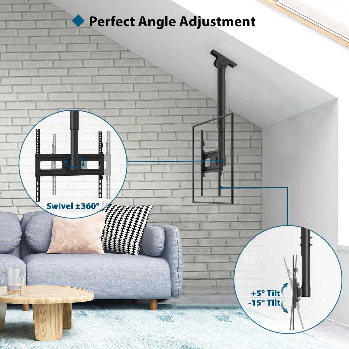 BONTEC TV-Deckenhalterung neigbar und schwenkbar mit 6-facher Höhenverstellung, Fernsehhalterung für 26-65 Zoll bis 45 kg, TV Halterung Decke VESA 100x100-400x400, geeignet für Dachschrägen und Wand