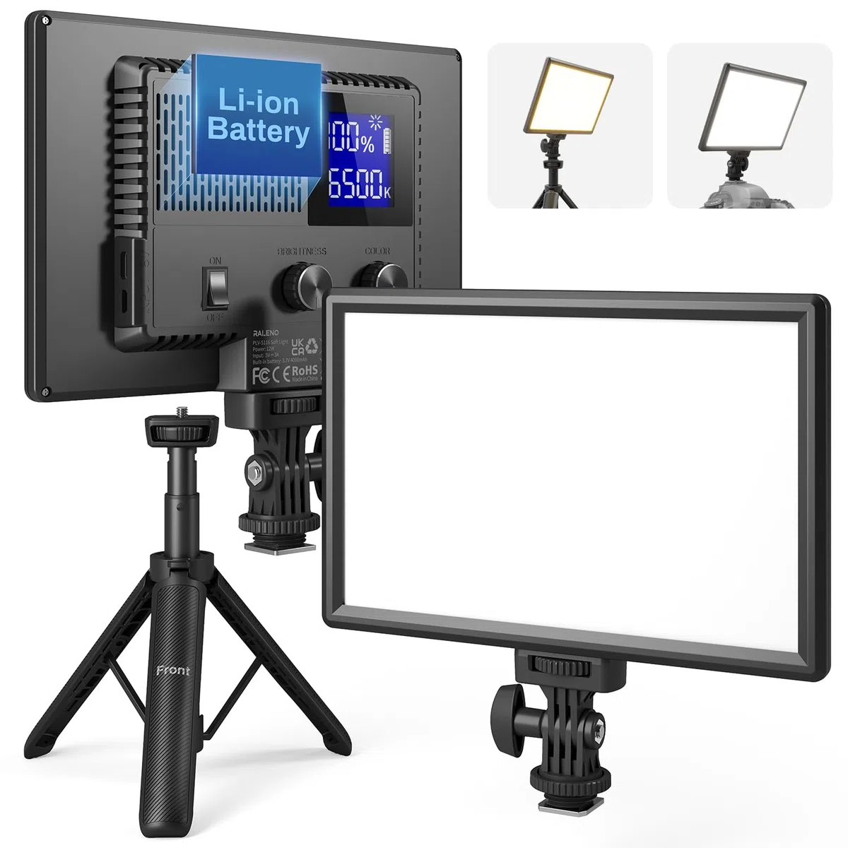 RALENO 116 LED Kamera Video Licht, 12W 600Lux Videoleuchte mit Mini-Stativ und Eingebauter 4000mAh Akku CRI95+ 2500-6500K, USB Videolicht für YouTube TikTok Zoom Fotografie Konferenzen Live-Streaming