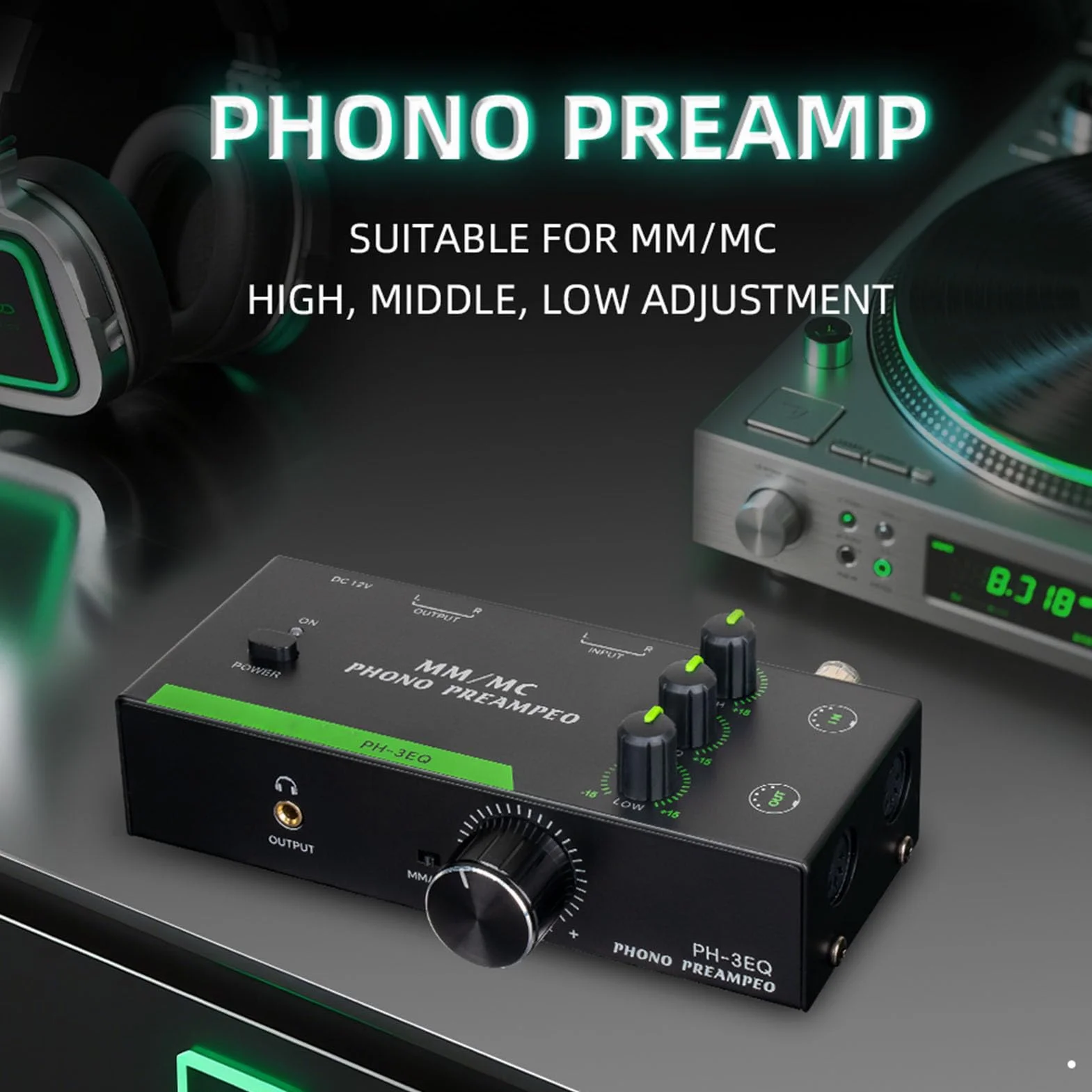 Fafeicy Professioneller MM MC Phono Preamp mit Einstellbarem EQ 5 Pin XLR -Eingangsausgang für Platten -Player -Stereo -Phonographen -Vorverstärker Vorverstärker (EU-Stecker)