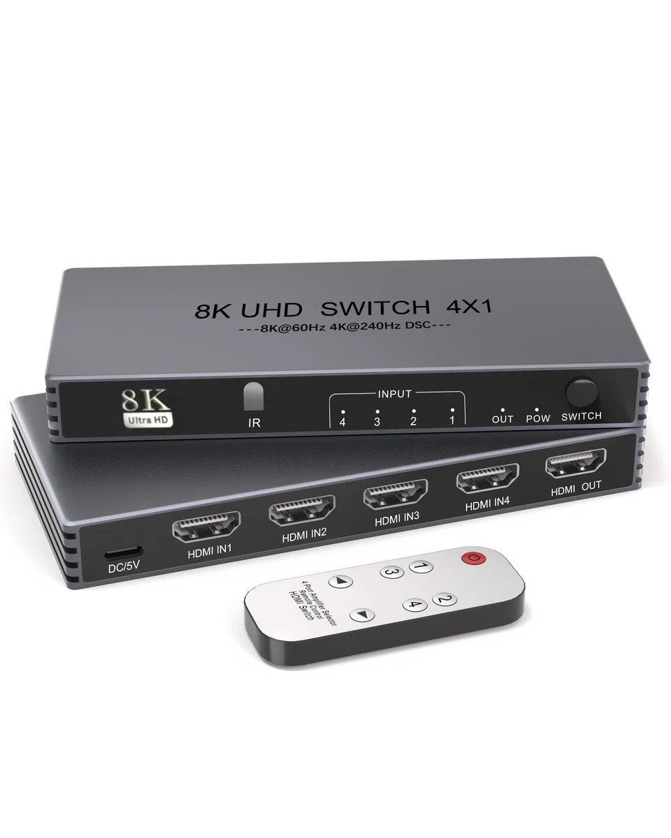 8K HDMI 2.1 Splitter 4 in 1 Out - 8K@60Hz, 4K@240Hz/144Hz/120Hz HDMI Switcher 4 Eingabe 1 Ausgabe – 4 Port Umschalter mit Remote Unterstützt HDR10+/HDCP2.3, für PS5/4/3 Roku Fire Stick TV Xbox