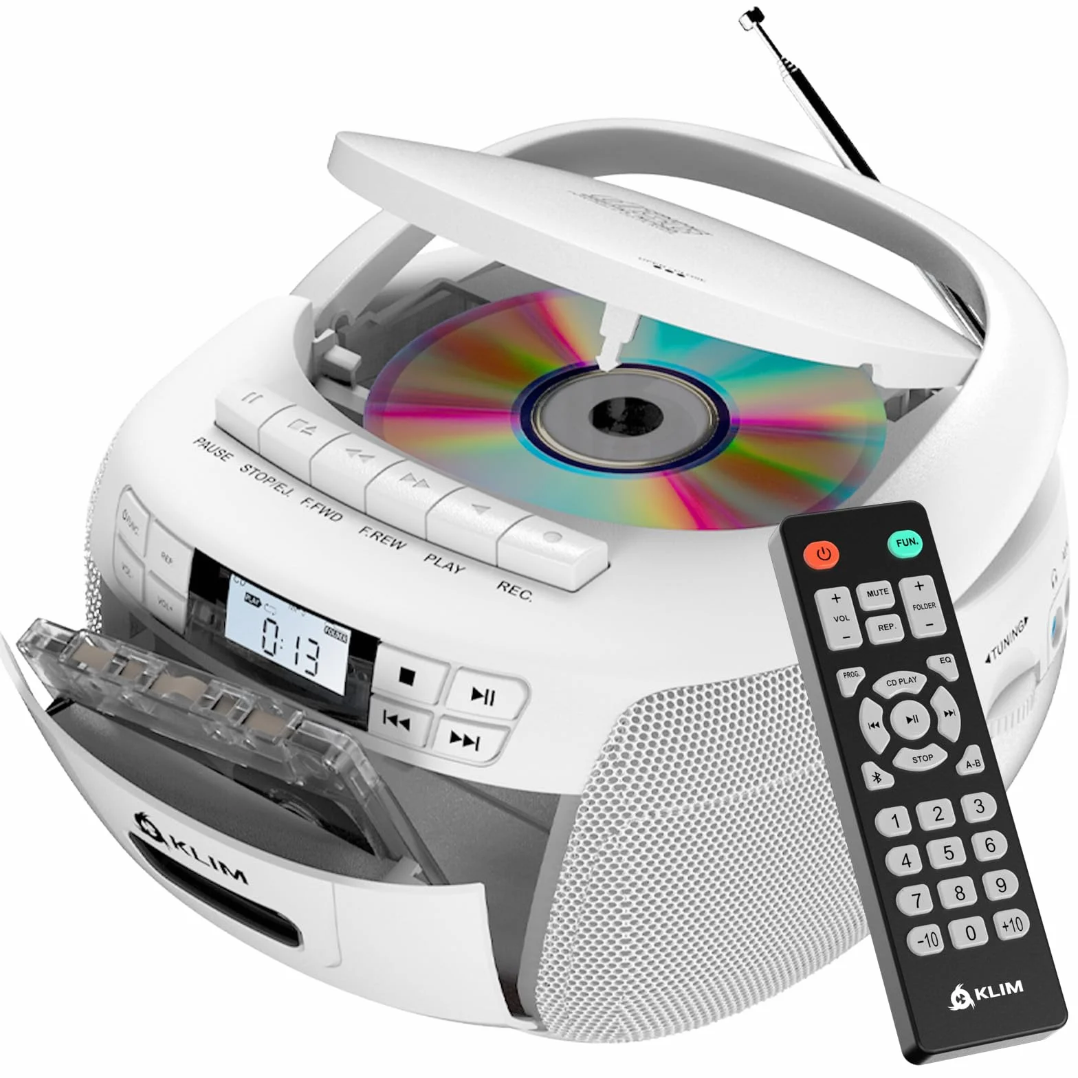 KLIM CD Player mit Kassette, Kassettenspieler, Kassettenrekorder, Radio mit CD und Kassette, CD Player mit Radio & USB, Bluetooth CD-Player, AM/FM Radio, Netz- und Batteriebetrieb - Weiß