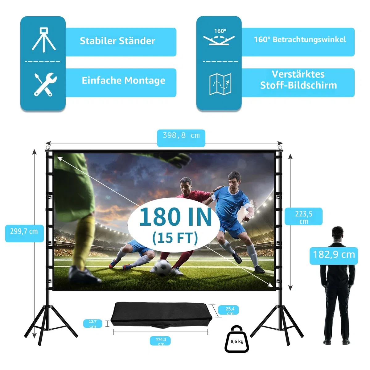 TOWOND 180 Zoll Beamer Leinwand mit Stativ, Leinwand für Beamer 160 Grad Betrachtungswinkel 16:9 HD Rear Front, Filmleinwand Outdoor und Tragetasche für Home Party Theater Nächte