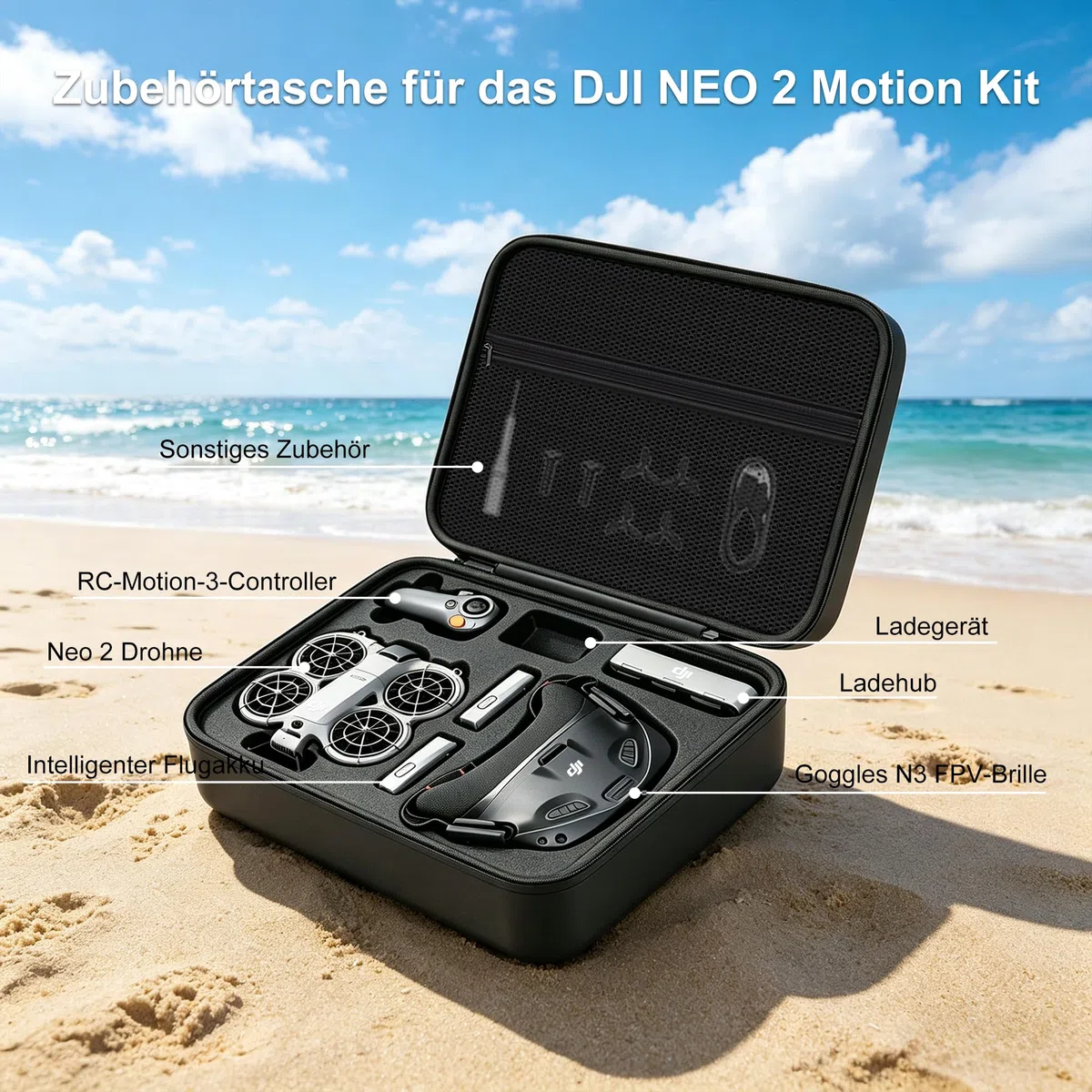 Drohnen Tasche Case für DJI NEO 2 Motion Combo, PU Leder Harte Tragetasche für DJI NEO 2, Wasserdicht, Tragbar, Schultertasche für Drohne Schwarz, RC 2 Fernbedienung, Akku und Zubehör