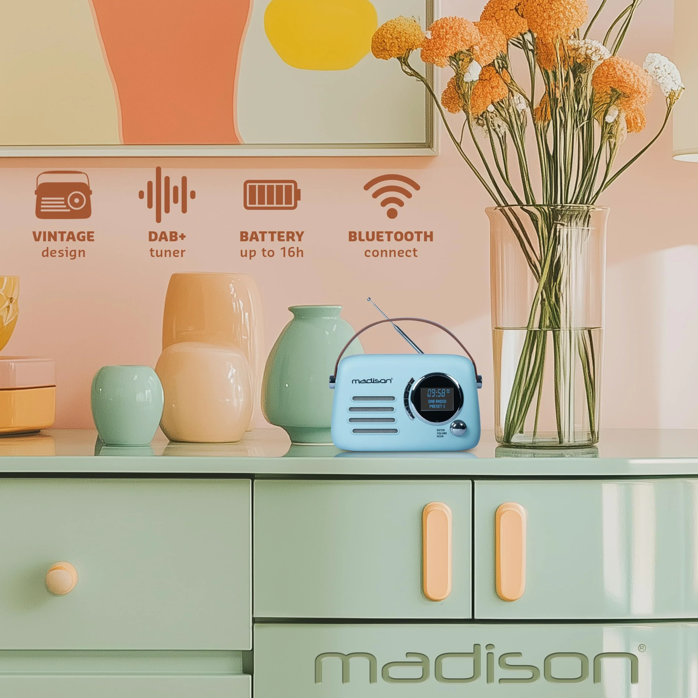 Madison FREESOUND VR30BL Retro Kofferradio mit DAB, FM & Bluetooth blau