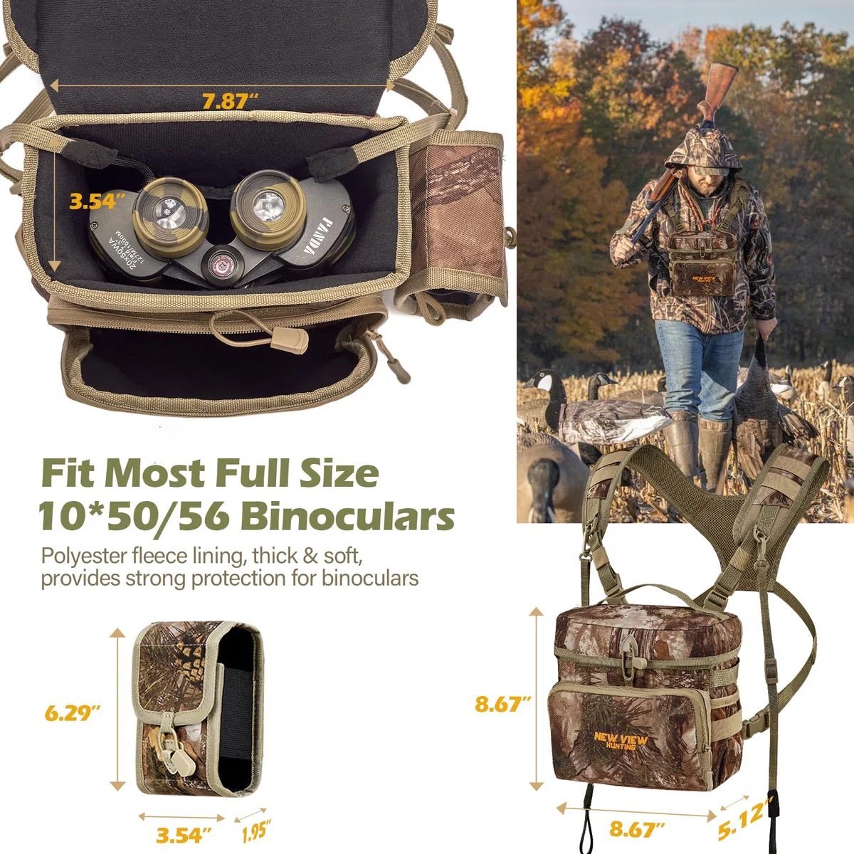 NewView Binocular Harness Chest Pack mit abnehmbarer Entfernungsmesser-Tasche, verstellbarem Bino-Gurt und Regenschutz - ideal für Jagd, Wandern und Vogelbeobachtung-L