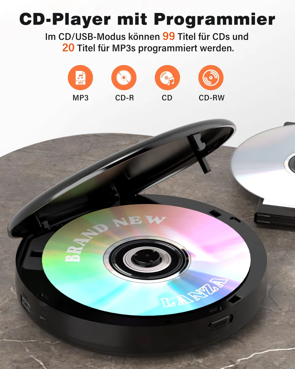 Greadio Bluetooth CD Player Tragbar mit Kopfhörer Discman CD-Player | Anti-Skip/Stoßfest und 2000mAh Wiederaufladbarer, Kompatibler FM-Sender, USB, AUX-Ausgang, HiFi-Doppellautsprecher für Auto