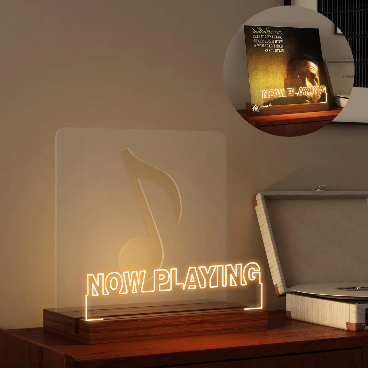 YuanDian Vinyl-Schallplattenständer, beleuchteter Displayhalter für Schallplatten, Holz-Acryl-Halter mit warmem Licht für Album-Display-Aufbewahrung, Heimschreibtisch-Dekor für Musikliebhaber