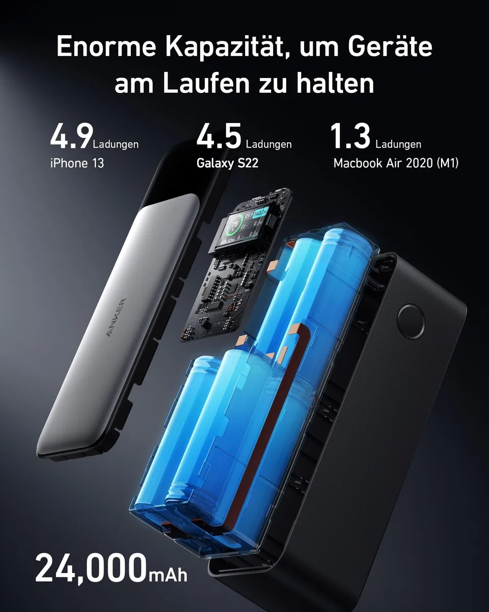 Anker 737 Power Bank, 140w 24000mAh Powerbank mit 3 Anschlüsse, Digitales Display, Kompatibel mit iPhone 17/16/15/14, Galaxy, MacBook, AirPods