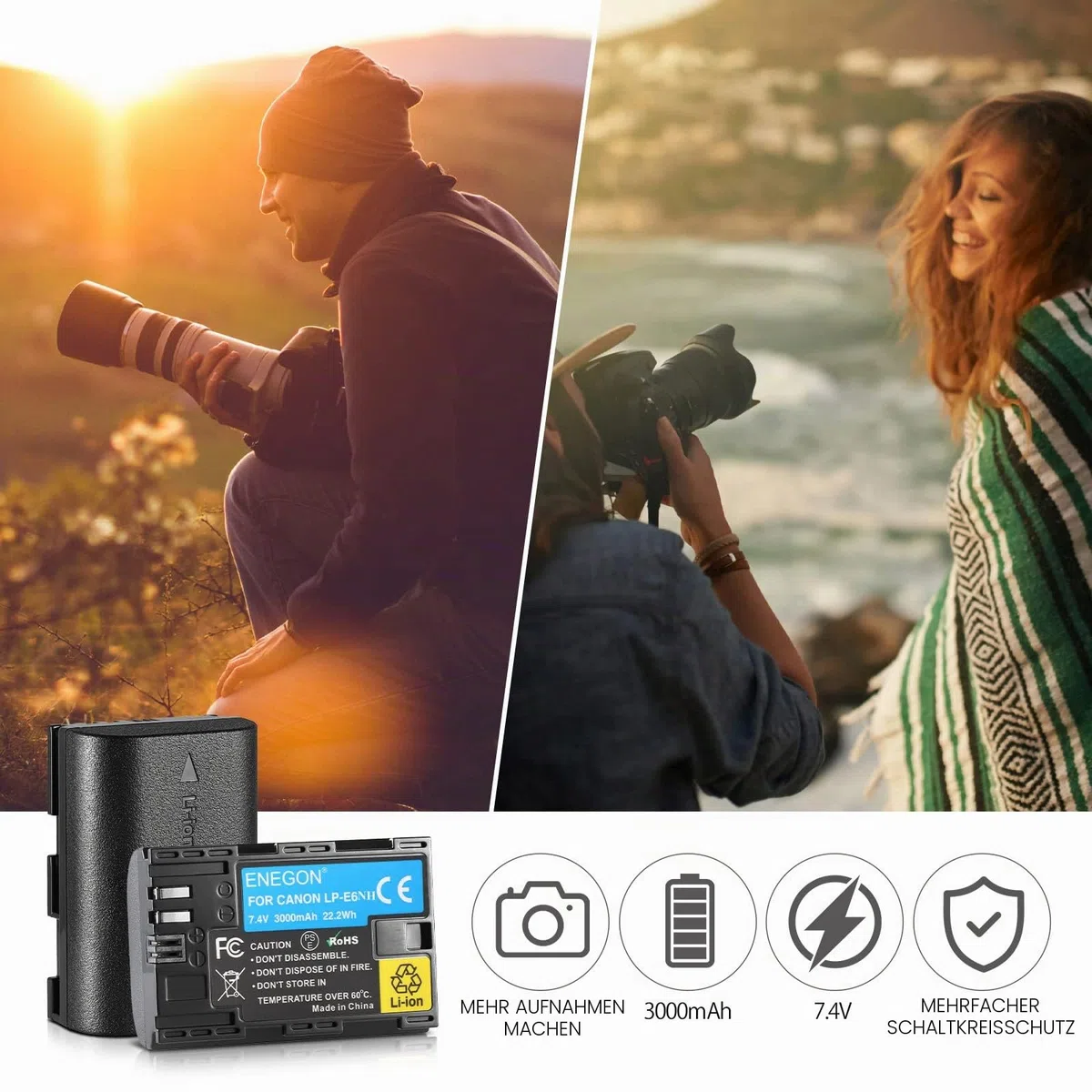 ENEGON LP-E6NH Li-Ion-Akku, hohe Kapazität, 3000 mAh, Ersatzakku für Canon EOS R, R5C, 5D Mark II, 5D III, 5D IV, 5DS, 5DSR, 6D, 7D, 7D II, 7D III, 80D, 70D, 60Da, XC10, XC15