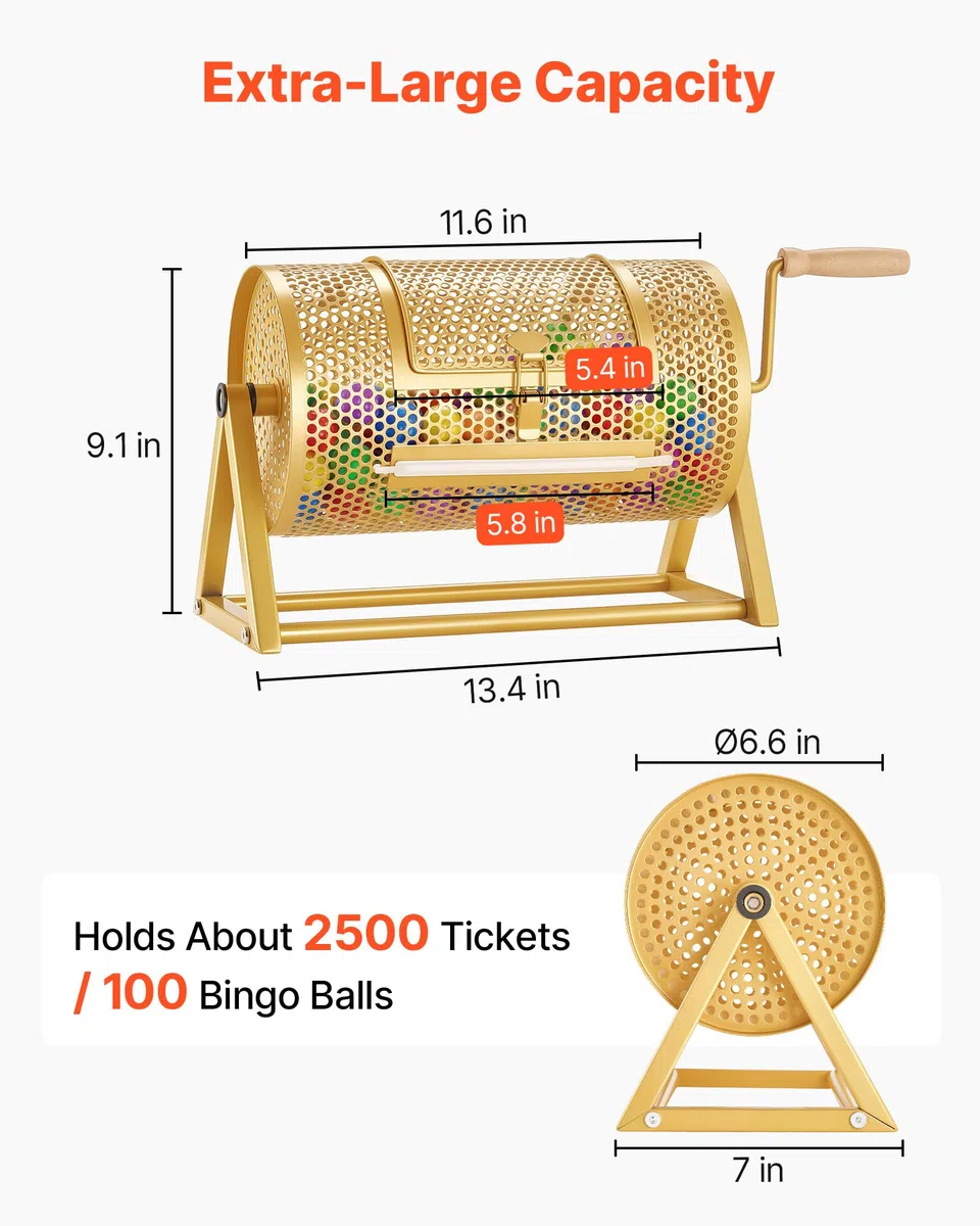 VEVOR Tombola Trommel, 295xØ167mm, Lostrommel mit Fassungsvermögen von 2500 Lose oder 100 Lotteriebälle, Gewinnspieltrommel mit Kurbel & Dreiecksständer, für Veranstaltungen & Feiern, Gold