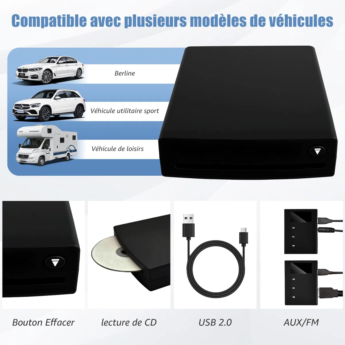 CD-Player für Auto, Computer, Fernseher, mit USB 2.0, tragbarer externer Universal-DVD-Player, Computer, externer Fernseher