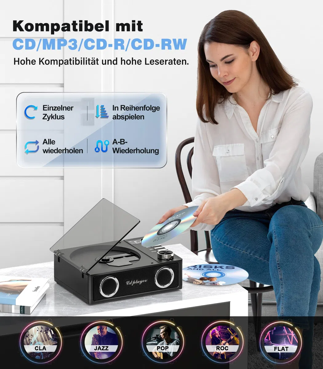 Greadio CD Player Tragbar mit Bluetooth 5.3, 4000mAh Wiederaufladbarer CD-Player mit Fernbedienung, HiFi-Sound-Lautsprecher, unterstützt USB, TF, AUX, LED-Display für Zuhause/Auto/Geschenk