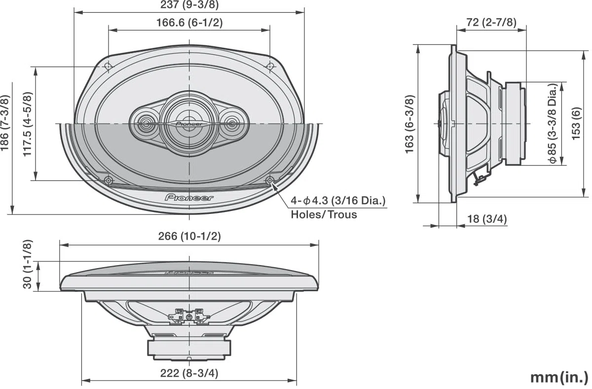 PIONEER TS-A6971F 6 x 9 4-Weg-Koaxial-Lautsprecher Set mit 2 Lautsprechern (je 600W max., 100W Sinus), kraftvoller Klang, hoher Wirkungsgrad, 72mm Einbautiefe, 153 x 222mm Einbauausschn., mit Gitter