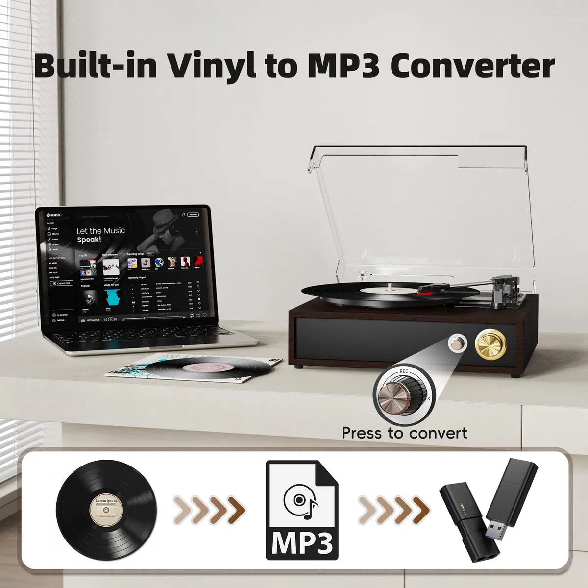 FYDEE Plattenspieler, Vinyl Schallplattenspieler mit Bidirektionalem Bluetooth 5.4, USB-Aufnahme Ohne PC & Wiedergabe, Retro Record Player mit 3-Gang & Dual-Lautsprecher, RCA-Ausgang, Rotbraun