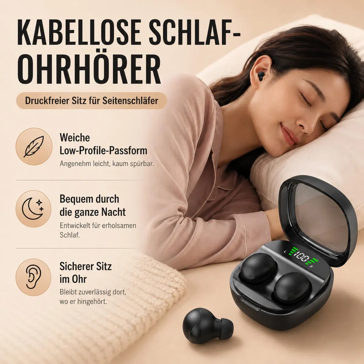 Micool Unsichtbarer Schlaf-kabelloser Kopfhörer, wasserdichte Bluetooth-Ohrhörer, leichte Schlafkopfhörer Bluetooth, schmerzlose, unsichtbare Schlaf-Kopfhörer für empfindlichen Schlaf, lange