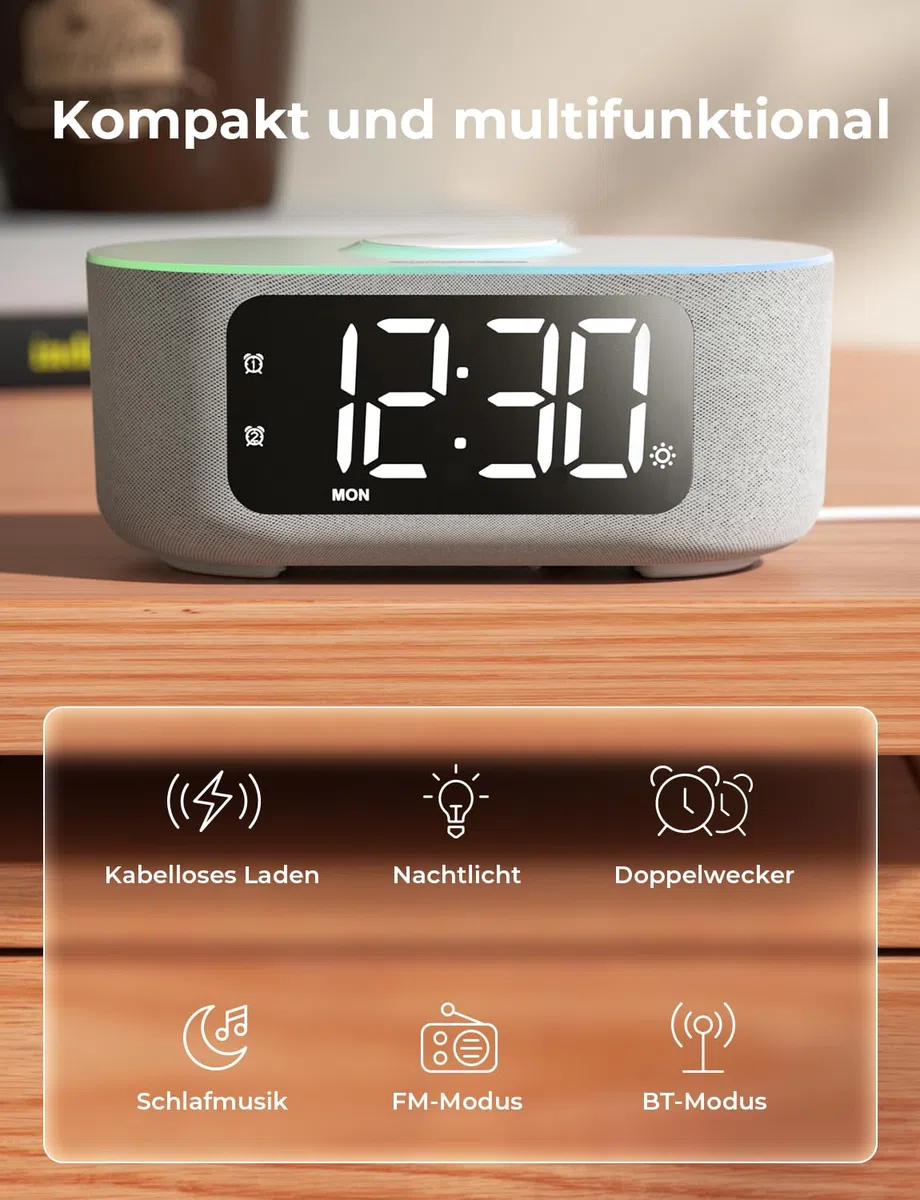 LIORQUE Digitaler Radiowecker mit Kabelloser Ladestation, Bluetooth Wecker mit Licht, 15W Fast Wireless Charger Qi, LED Display mit Auto Dimmer, 2 Wecker, Wochenendmodus, Schlafmusik
