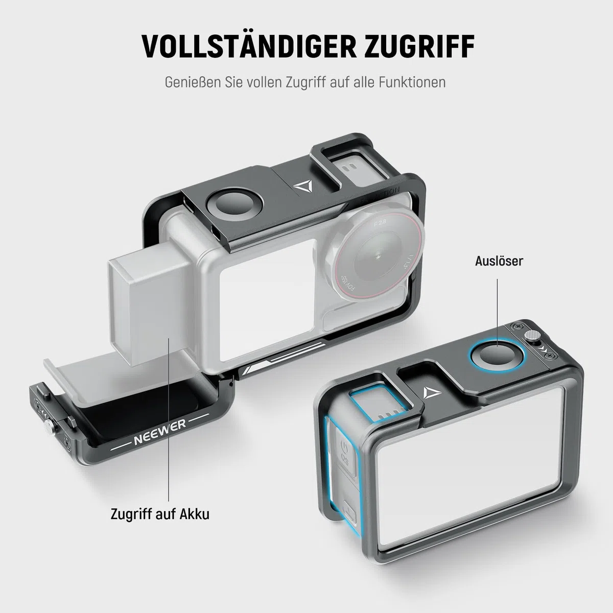 NEEWER Cage und Side Handle Set kompatibel mit DJI Osmo Action 5 Pro / 4/3, Schutzvorrichtung aus Metall mit magnetischer Adapterhalterung, Cold Shoe Shutter Extender Bar, dunkelgrau, AC014+AC034