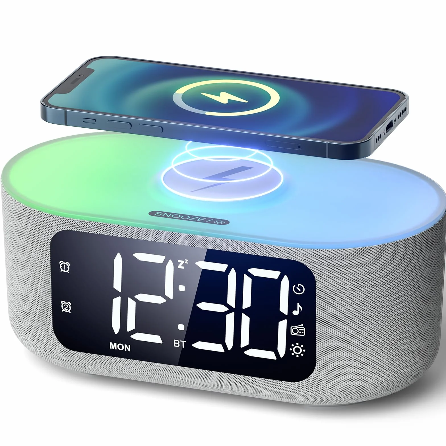 LIORQUE Digitaler Radiowecker mit Kabelloser Ladestation, Bluetooth Wecker mit Licht, 15W Fast Wireless Charger Qi, LED Display mit Auto Dimmer, 2 Wecker, Wochenendmodus, Schlafmusik