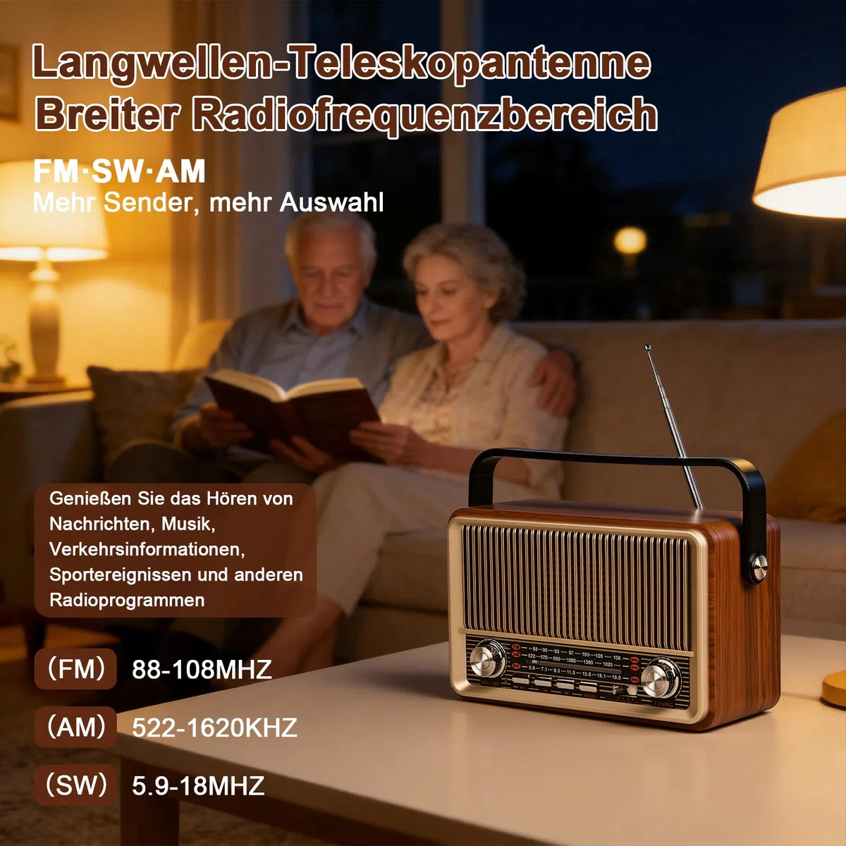 Retro Radio AM/FM/SW kofferradio mit 1200mAh Akku& Bluetooth 5.1,AUX/USB/TF Unterstützung - Für Küche, Büro Und Zuhause, Einfaches Radios für Senioren