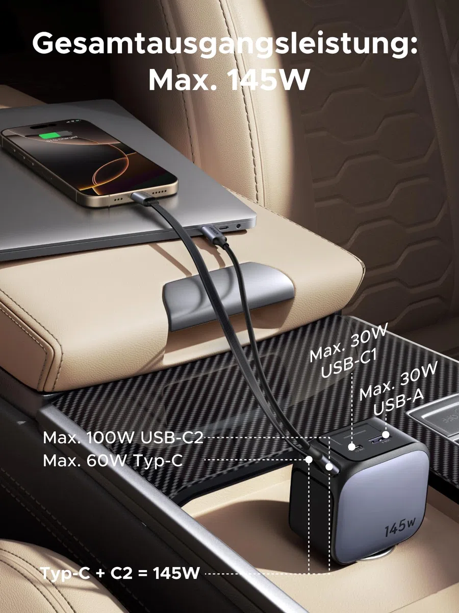 UGREEN Nexode 145W Zigarettenanzünder, 100W USB C Schnellladen, Typ-C Auto Ladegerät, integriertes einziehbares Kabel 60W, 4 in 1 Auto zubehör, kfz 12v-24V für iPhone 17/MacBook/iPad/Galaxy S25/GPS