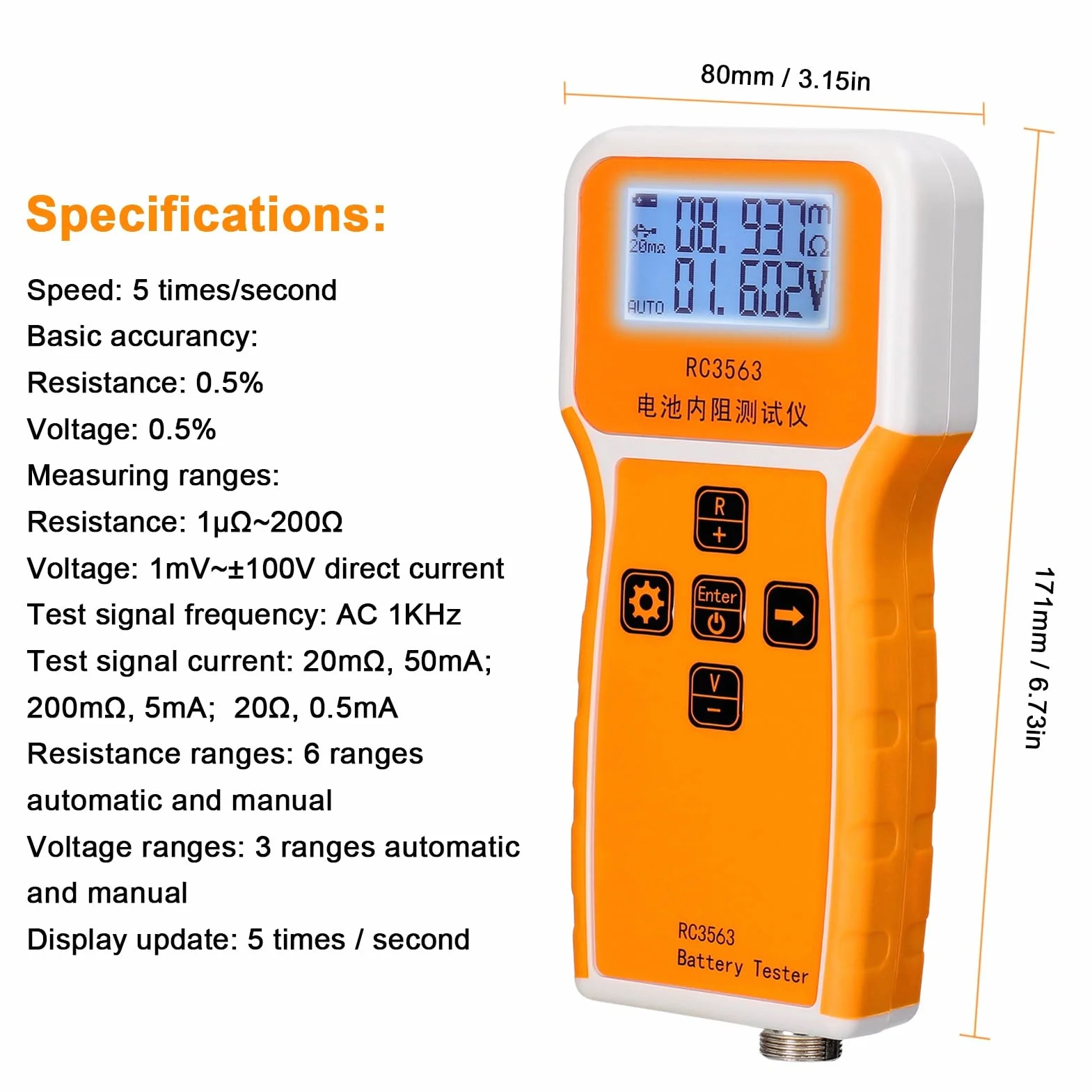 Handgehaltener Batterie-Innenwiderstandsspannungstester, RC3563 200Ω 100V, Batterietester mit 3-stelliger Anzeige, hochpräziser echter Vierleiter-AC-Lithium-Blei-Säure-Lithium-Batterietester