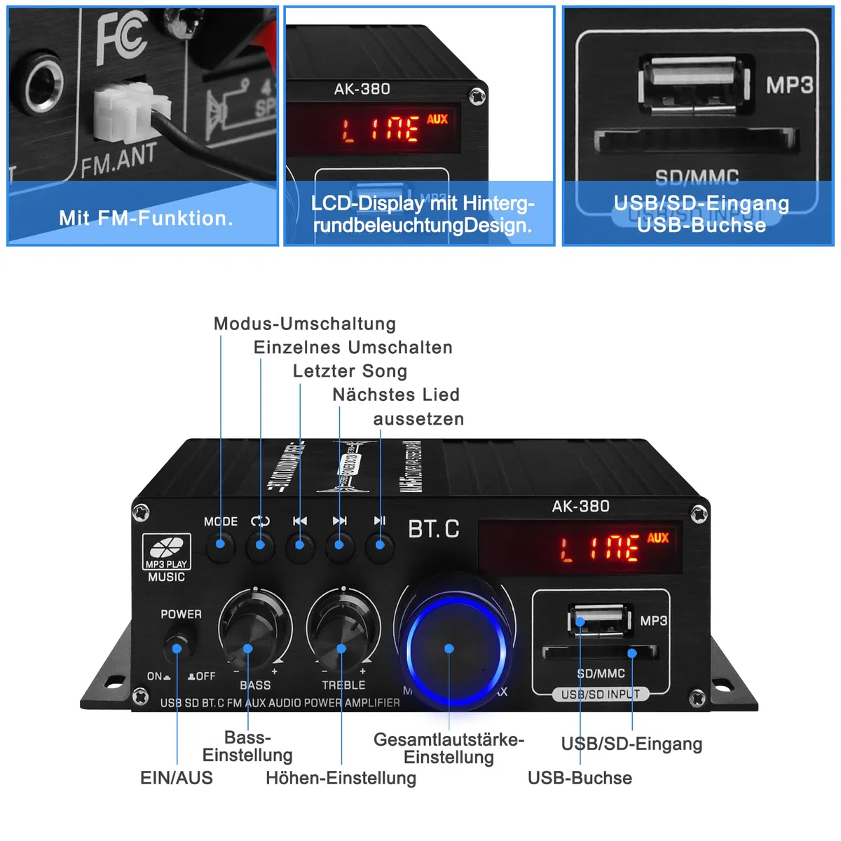 AK-380 Bluetooth 5.0 HiFi Verstärker 2.0-Kanal 40W x 2 Max. 400W Mini Verstärker Stereo Audio Leistungsverstärker-Empfänger mit USB SD Slot, UKW-Radio für Auto und Heimlautsprecher