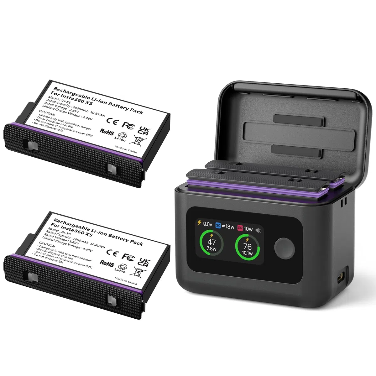 Treeboy X5 Batteries (2 Packs) with 27 W Quick Charge Concentrator Dual Fast Charging Case w/LCD Display Intelligent Two Way Charger Hub for Insta360 X5, Shows Battery SOC (Advanced)