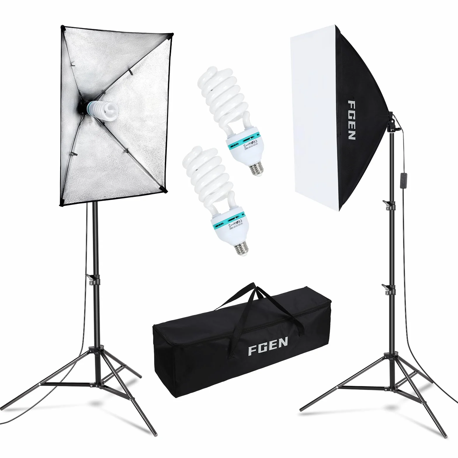 Softbox Fotostudio Set,FGen Fotolicht 2x50x70cm Beleuchtung für Fotostudios mit E27 Sockel 135W 5500K Fotolampe und 2M verstellbare Lichtstative für Studio-Porträts, Produktfotografie