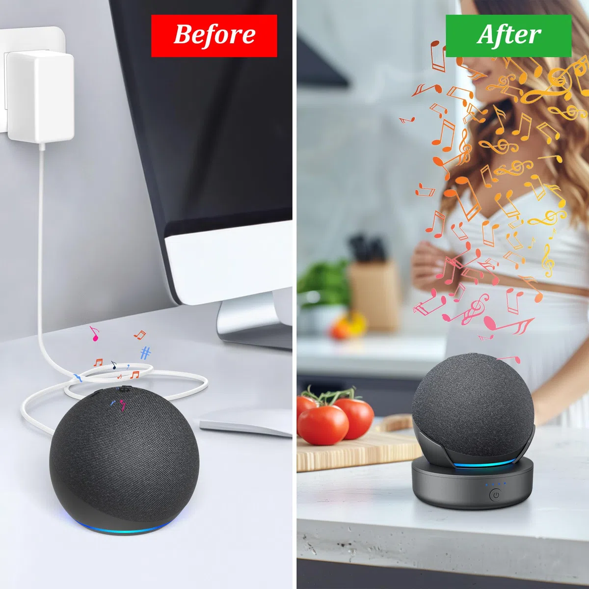 PlusAcc Akku für Dot 5. & 4.Gen - Tragbare Akkusockel Base Ständer Zubehör für DDΟΤ (5. /4. Generation), für Google Kopfhörer Schwarz (Nur Batterie)