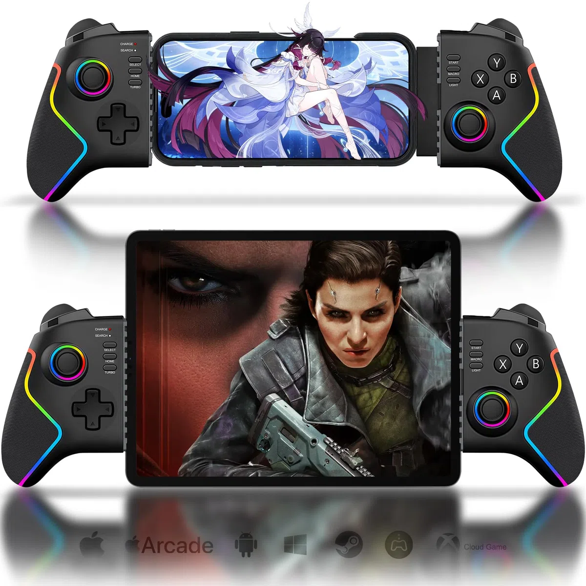 Joso Mobile Game Controller für iPad 13" & Tablet, iPhone, Android Control mit Hall-Joysticks/Triggern/Makro/Turbo/RGB-Beleuchtung und klemmbarem iPad, Play Ps4/Xbox/PC-Streaming & Cloud-Gaming